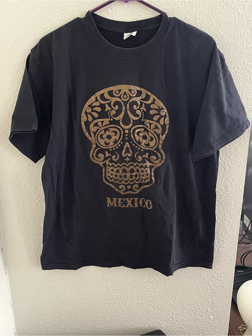 Black Mexico Souvenir T-Shirt with Gold Sugar Skull Graphic